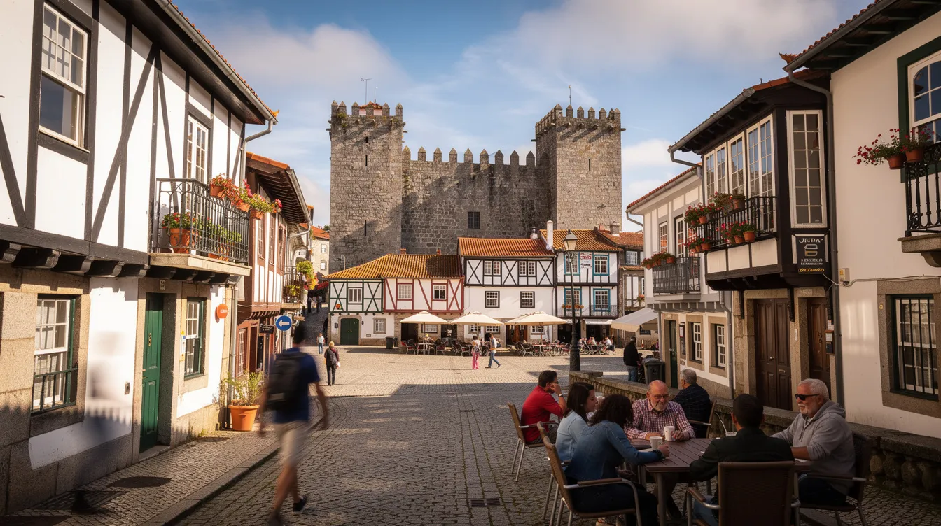 Imagem de Guimarães, Portugal, destacando o centro histórico da cidade, com suas ruas de paralelepípedos e construções medievais. A imagem captura a essência da história e da cultura local, refletindo a importância de Guimarães como um destino turístico e sua rica herança.