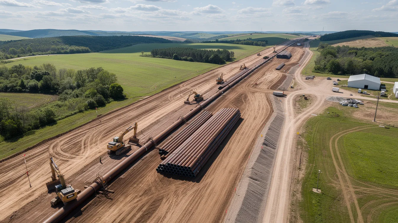 The image depicts a pipeline corridor cutting through a rural landscape, with construction equipment and a cleared right-of-way visible, highlighting the development of renewable energy projects. This scene reflects the ongoing efforts in the renewable energy sector to enhance energy generation through utility scale projects such as solar and wind energy.