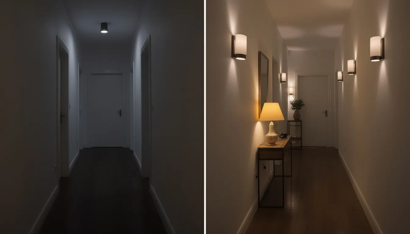 De afbeelding toont een voor-en-na situatie van een donkere hal. Aan de linkerkant is de hal eenvoudig verlicht met alleen een plafondlamp, terwijl de rechterkant een sfeervolle inrichting laat zien met wandlampen, een tafellamp, een kleurrijk vloerkleed en een grote spiegel voor een uitnodigende sfeer.