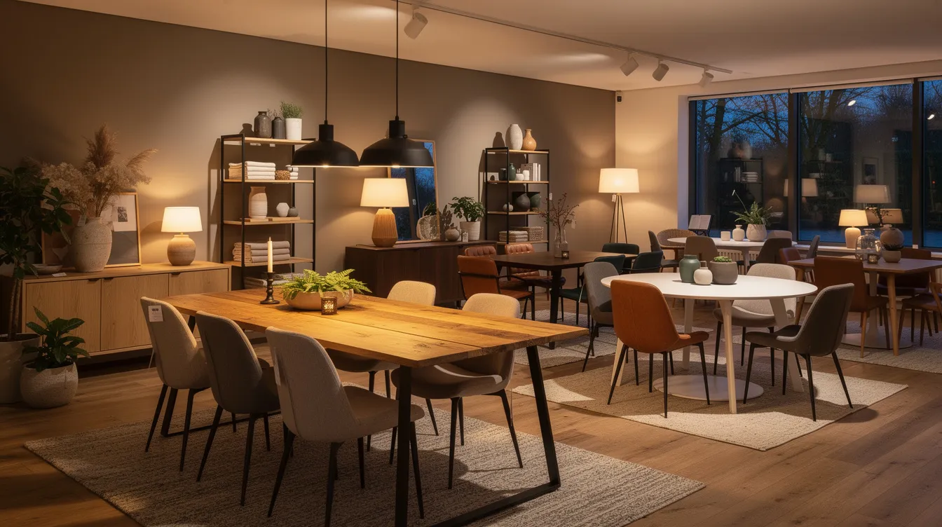 In een warme woonwinkel showroom zijn verschillende eettafels te zien in uiteenlopende stijlen, waaronder rechthoekige, ronde en ovale modellen. De sfeervolle verlichting en bijpassende zitmeubels laten zien hoe stoel en tafel perfect aansluiten, met een rechthoekig, rond of ovaal blad.