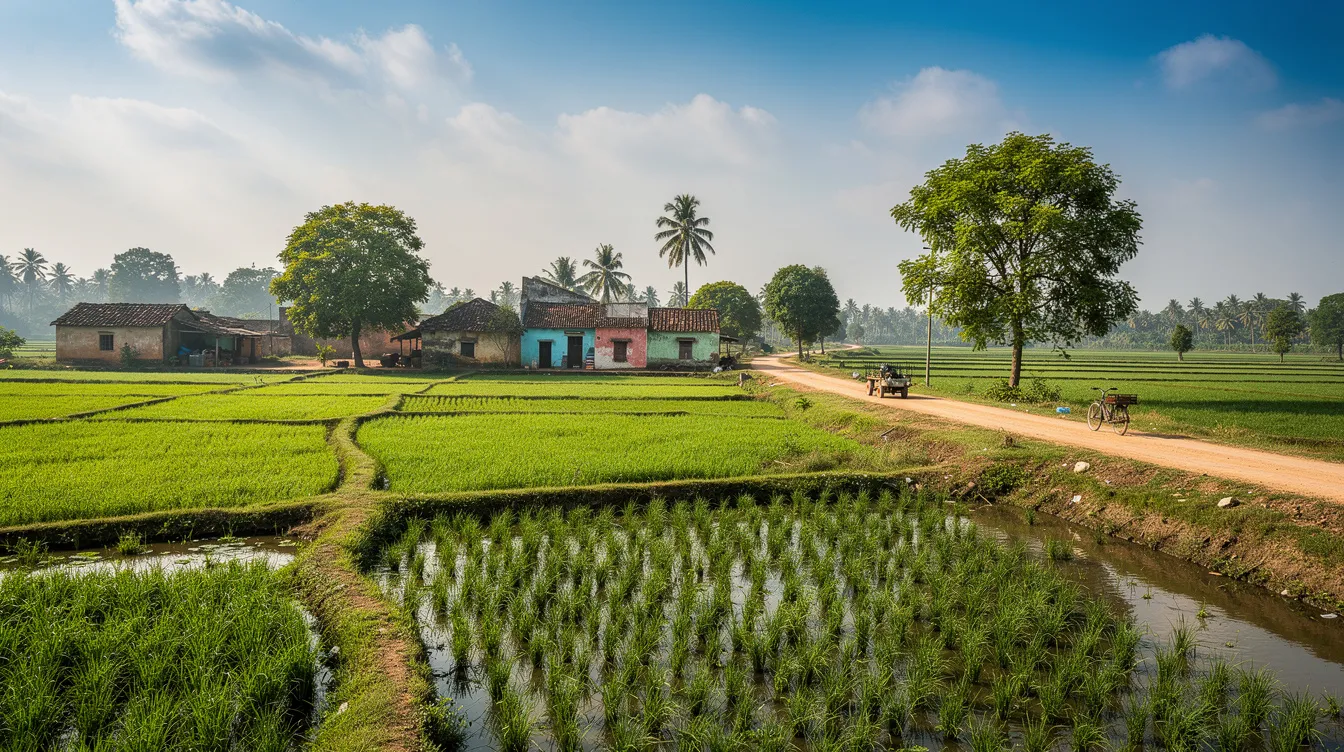 The image depicts lush green agricultural fields set against a serene rural Indian landscape, with a clear blue sky overhead. This scene reflects the potential for profitable small businesses in Madhya Pradesh, particularly in agriculture and food processing, highlighting the region's rich natural resources and favorable business environment.