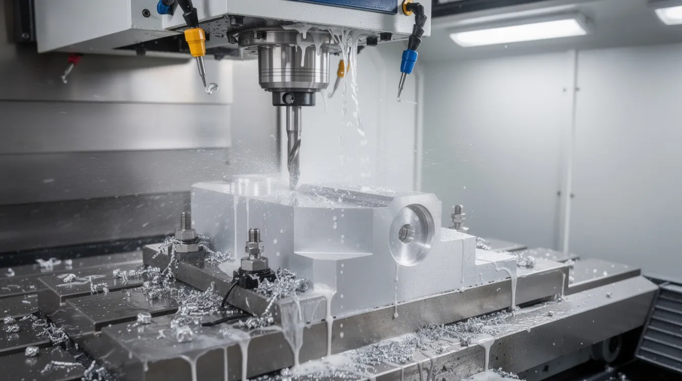 The image depicts a CNC machining center in a clean factory environment, where an aluminum workpiece is being milled under a flow of coolant. This process highlights the precision of CNC machining and the potential for creating anodized aluminum components with enhanced corrosion resistance and wear resistance.