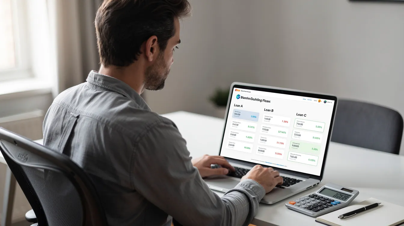 A person is sitting at a desk, intently comparing various loan options displayed on their laptop screen, with a calculator placed beside them. The scene suggests a focus on financial decisions, possibly involving terms like "私人 貸款" and "年 利率" as they evaluate their borrowing choices.