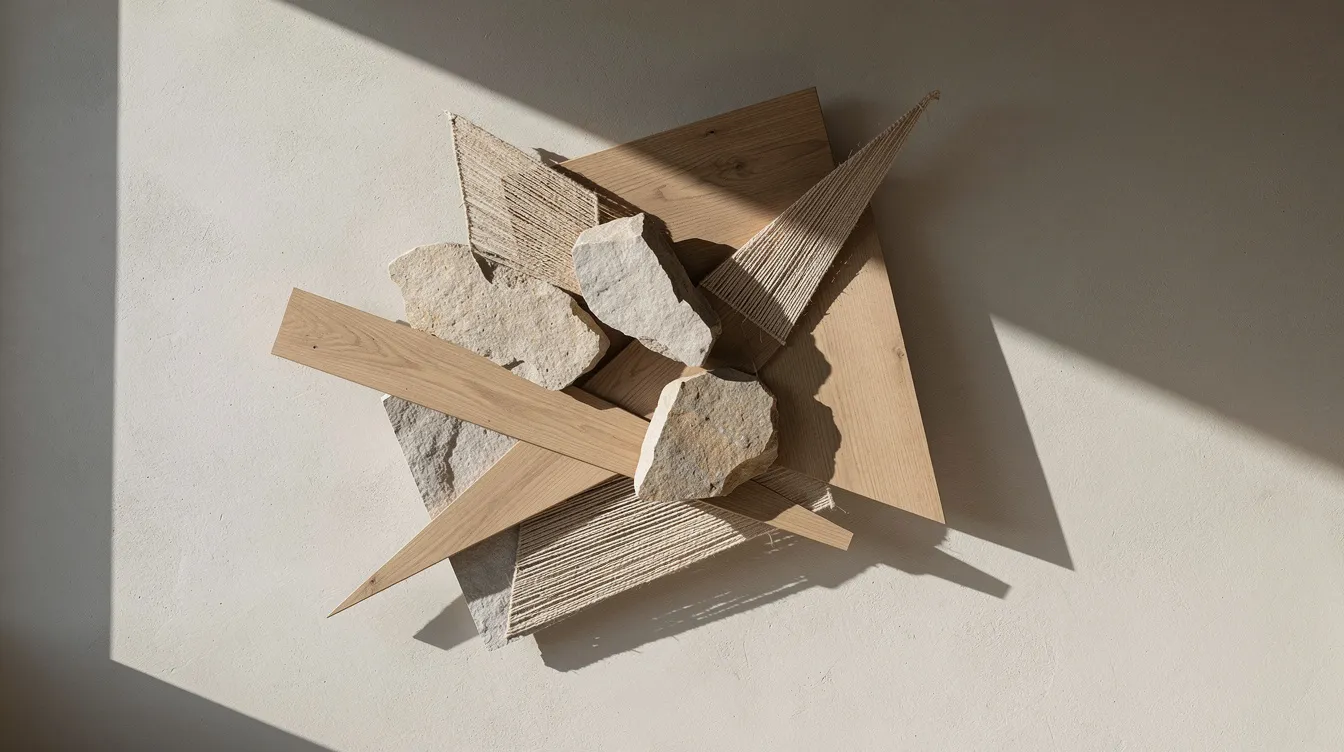 Esta escultura mural geométrica abstracta, elaborada con materiales naturales, crea un punto focal impresionante en cualquier espacio al proyectar sombras dinámicas que transforman la habitación de manera juguetona.