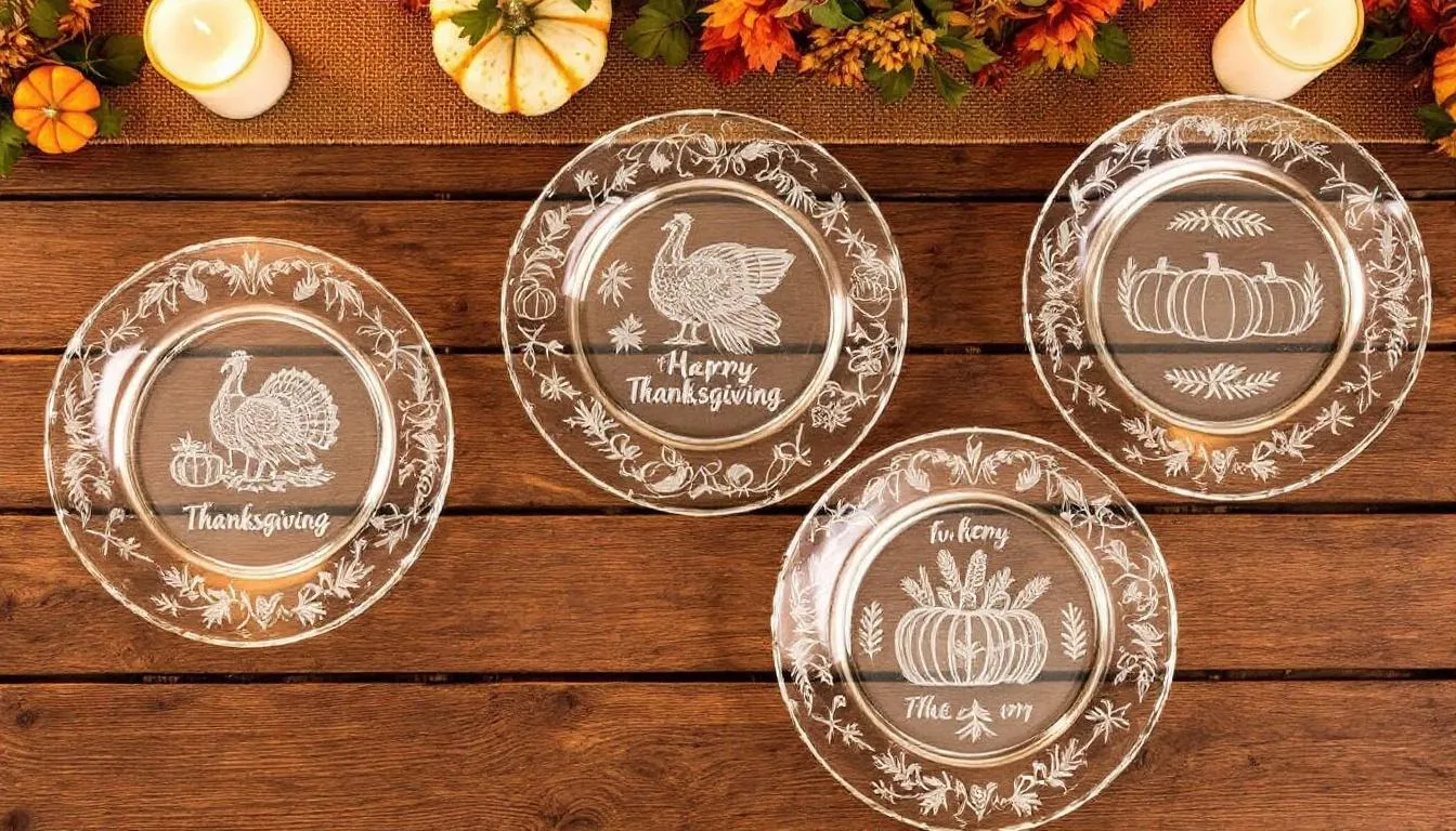 A collection of colorful thanksgiving themed glass plates is displayed, thanksgiving plates, thanksgiving dinnerware, thanksgiving essentials