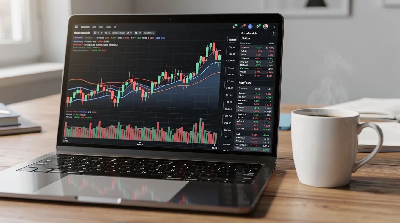 Eine Nahaufnahme eines Laptops zeigt Finanzcharts, die wichtige Informationen über ETFs und deren Erträge darstellen, während eine Kaffeetasse auf dem Schreibtisch für eine entspannte Arbeitsatmosphäre sorgt. Diese Szene könnte Anlegerinnen und Anlegern helfen, die Berechnung der vorabpauschale und die Auswirkungen der Kapitalertragsteuer zu verstehen.
