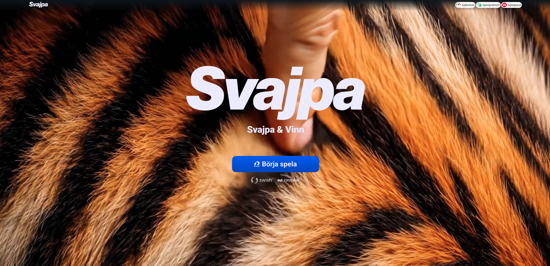 Svajpa Casino startsida med registrering via BankID, Pay N Play-system och betalningar med Swish och Zimpler.