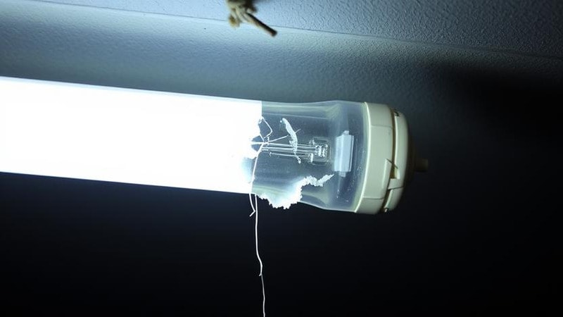 A damaged fluorescent lamp leaking mercury vapor