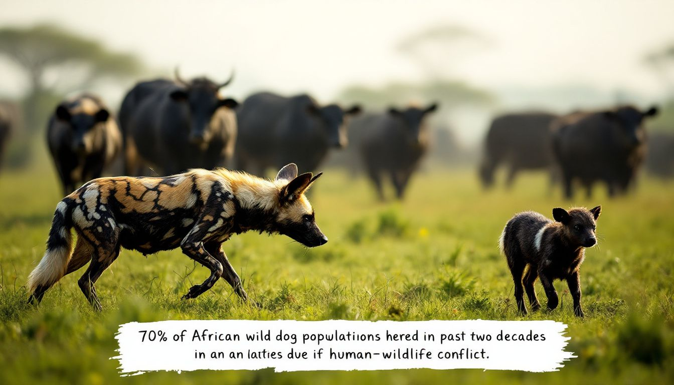 An african wild dog interacting with livestock, highlighting human-wildlife conflict.