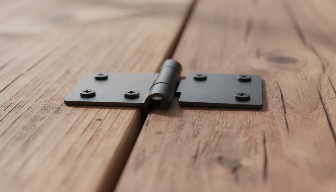 Close-up van massief houten planken met een duidelijke houtnerf, gecombineerd met matzwarte metalen scharnieren. Deze elementen zijn typerend voor een stijlvolle industriële buffetkast, perfect voor het opbergen van servies en andere spullen in een landelijk interieur.