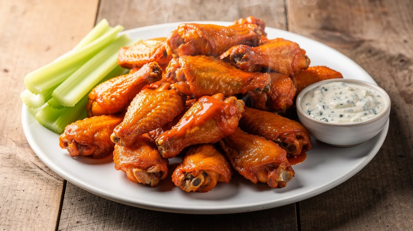A vibrant platter of crispy buffalo wings is surrounded by fresh celery sticks and accompanied by a small bowl of creamy blue cheese dressing, making it a perfect addition to any game day or Super Bowl party. This delicious finger food is sure to be a hit among fans and adds a tasty touch to your football party food spread.