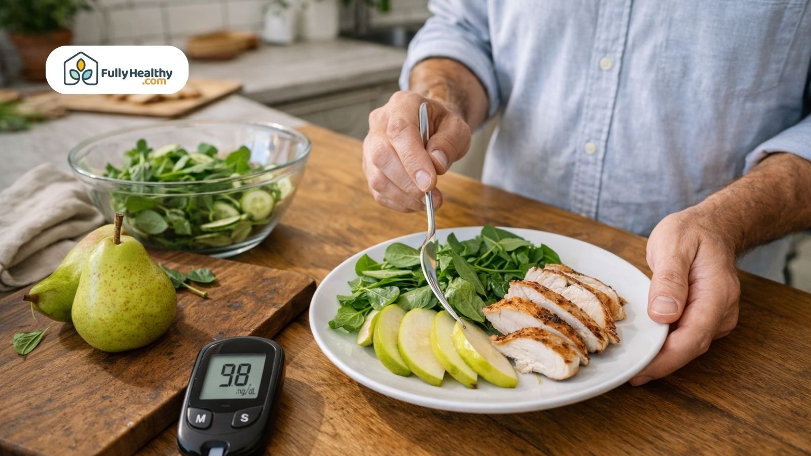 Balanced meal with pears leafy greens grilled chicken and glucose meter