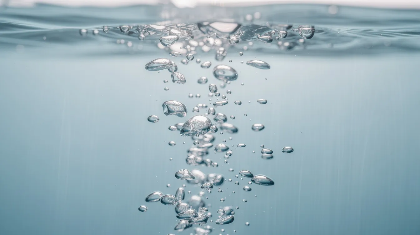 L'image montre des bulles d'air qui remontent à la surface d'une eau claire, illustrant le processus d'aération essentiel dans le traitement des eaux usées. Cette aération est cruciale pour le bon fonctionnement d'une micro station d'épuration, favorisant la décomposition des matières organiques.