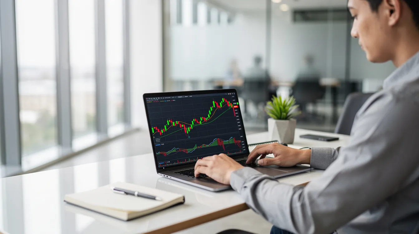A person is seated at a modern office desk, using a laptop that displays various financial charts, illuminated by natural light coming through a window. This scene represents the idea of planning ahead and managing money effectively in a professional environment.