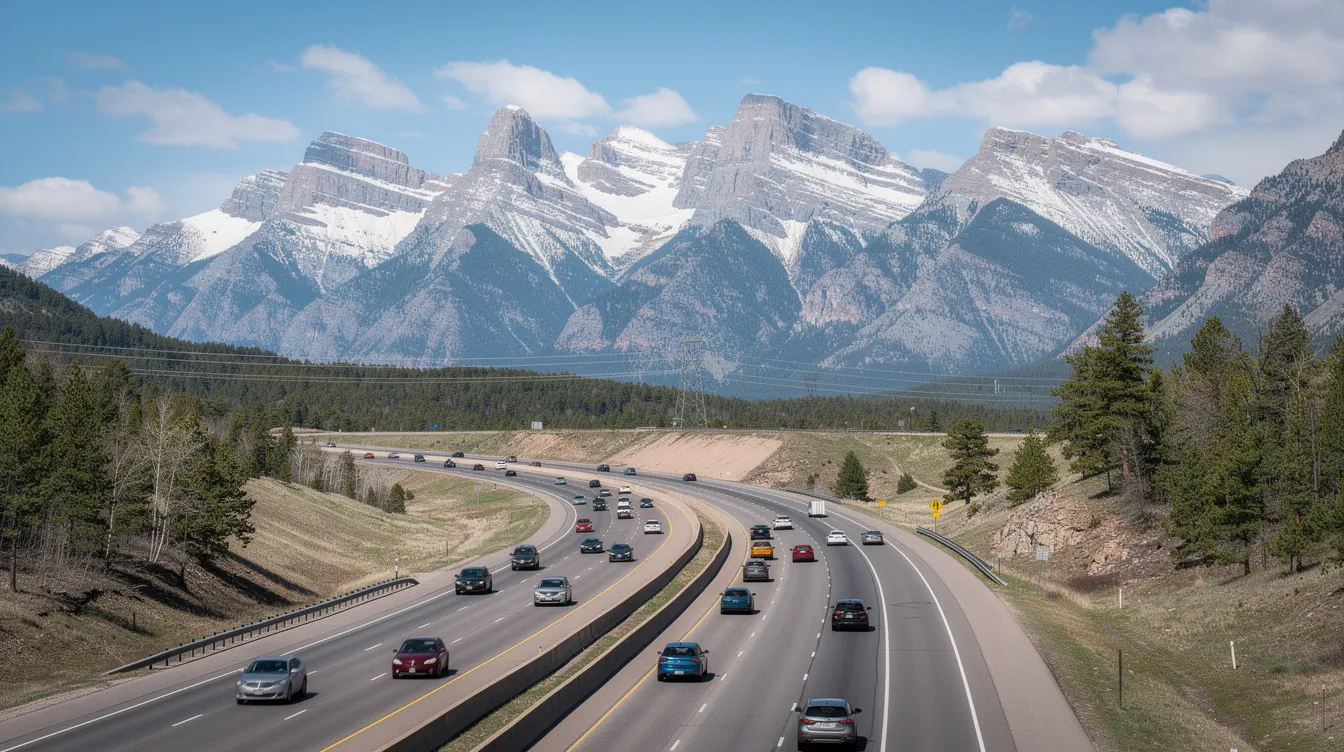 The image depicts cars traveling along a busy interstate highway in Colorado, with the stunning Rocky Mountains in the background. This scene reflects the potential for car accidents on such roads, emphasizing the importance of understanding car accident settlement amounts and the need for experienced car accident attorneys to help victims recover fair compensation for their injuries and losses.