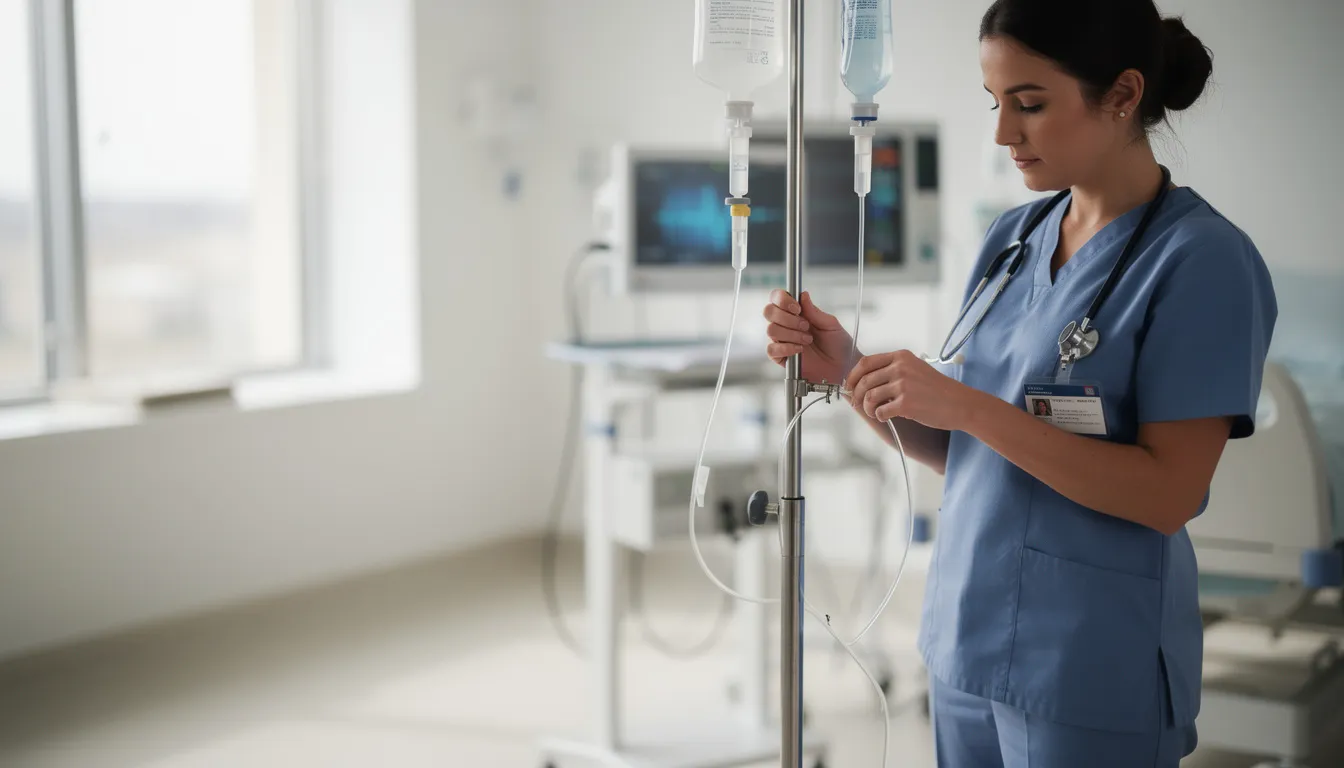 A nurse in blue scrubs is checking an IV line connected to medical equipment in a bright hospital room, demonstrating essential clinical skills and attention to patient care. The nurse's organized approach reflects the critical thinking and responsibility required in healthcare settings.