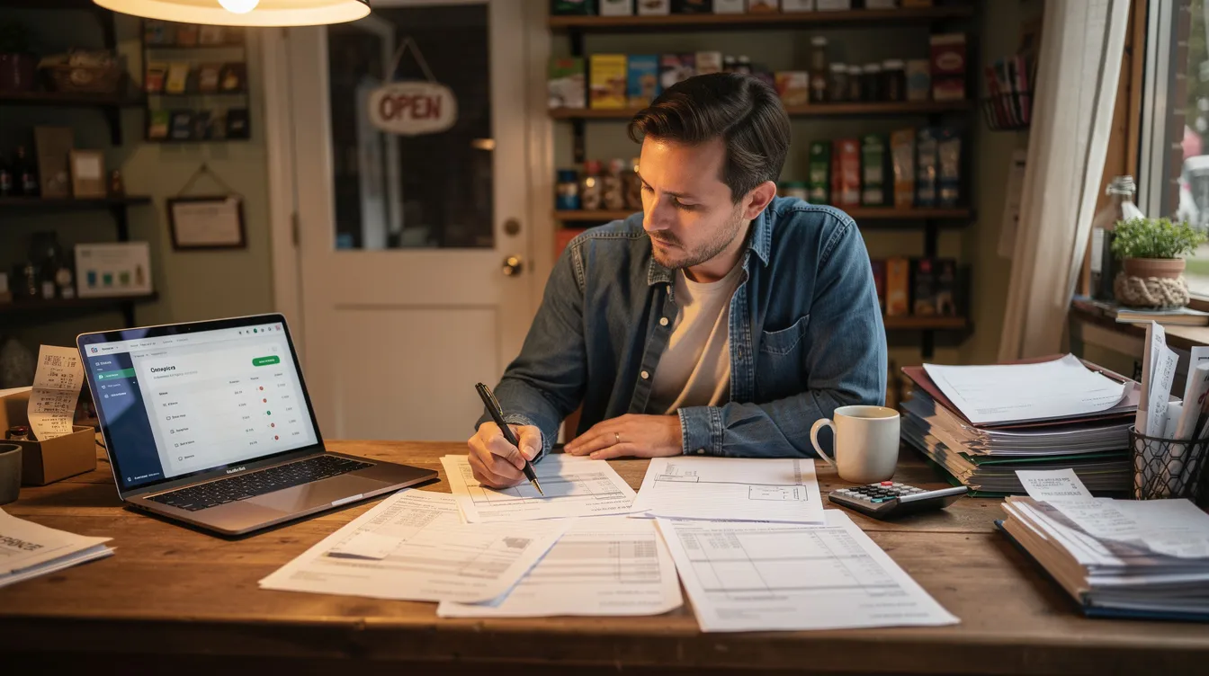 A small business owner is seated at a desk in their shop, intently reviewing various financial documents and paperwork. The scene reflects the diligence required for managing a small business, emphasizing the importance of understanding regulations and budget bills for future economic growth.