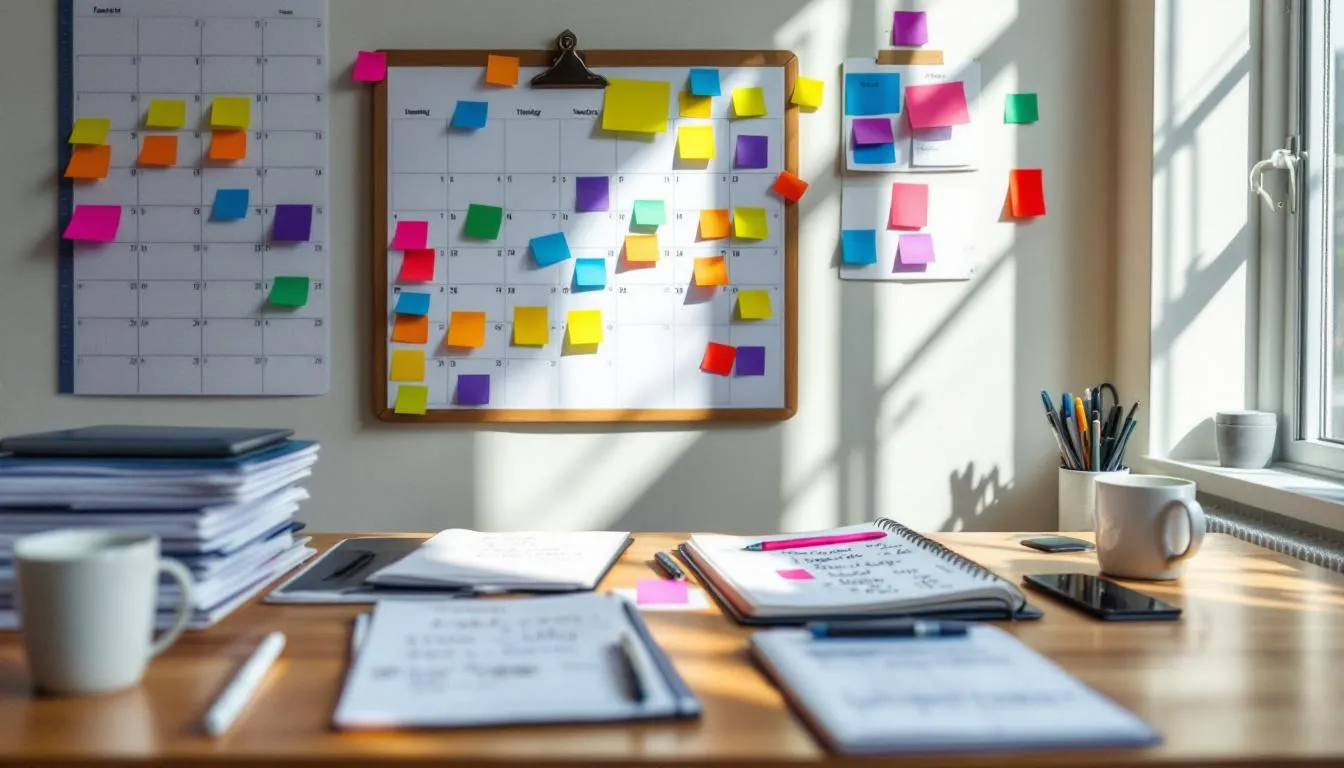 An office desk is cluttered with a calendar and various planning documents, suggesting preparation for a gynecomastia consultation. The items reflect a focus on scheduling and organizing information related to male breast reduction surgery and treatment options for excess breast tissue.
