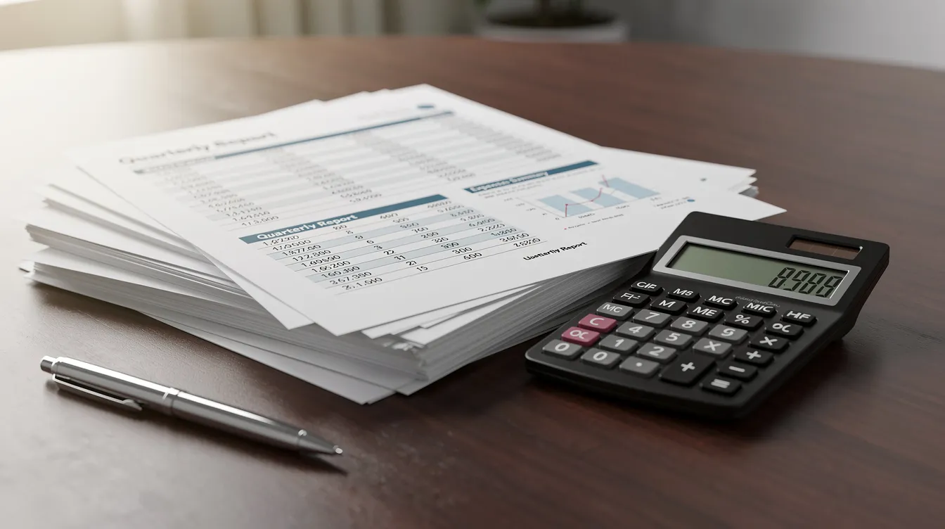 The image depicts a stack of financial documents alongside a calculator on a wooden desk, symbolizing the meticulous planning involved in real estate transactions and gap financing. This setup suggests a focus on evaluating funding gaps and preparing for loan approvals in the context of economic growth and investment strategies.