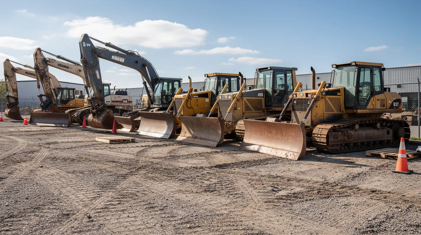 A row of used excavators and dozers is parked in a large outdoor equipment yard, basking in the sunlight. This scene reflects the current state of the used construction equipment market, showcasing various heavy machinery options available for contractors and fleet managers looking for high-quality used equipment.