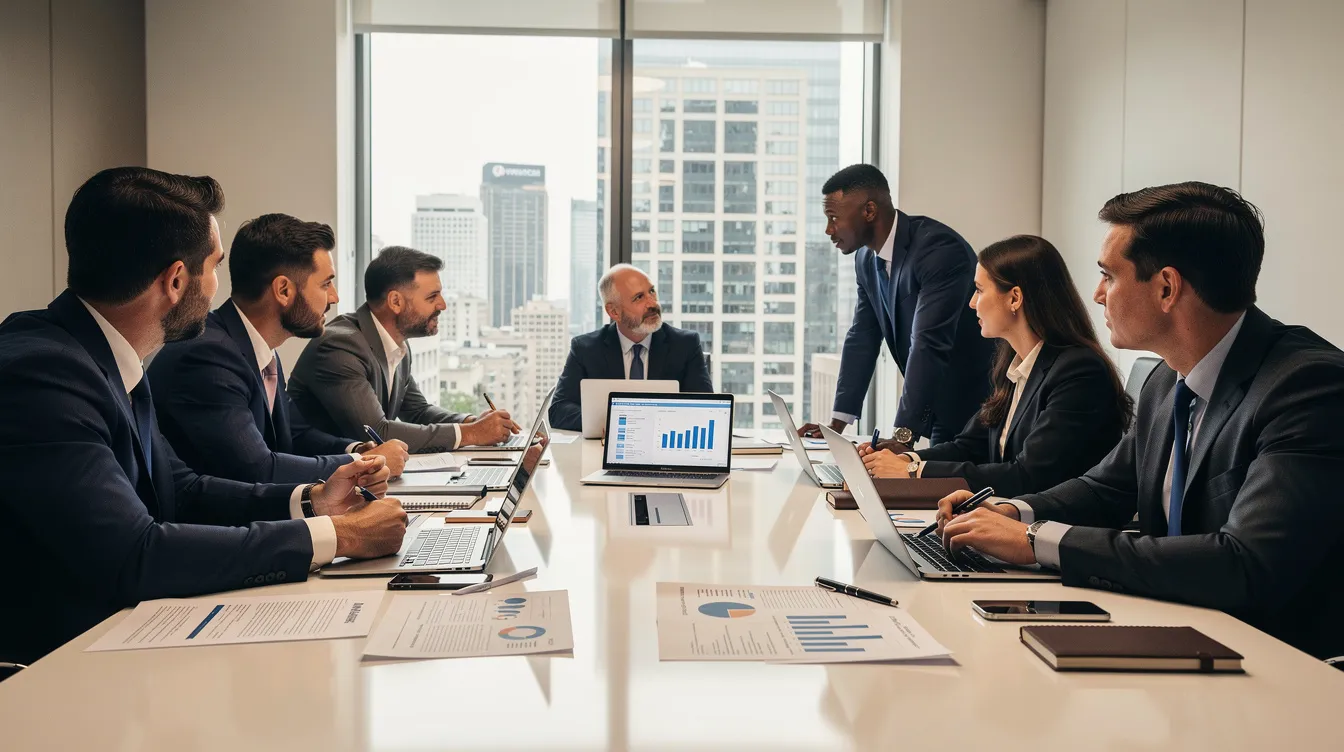 A group of business professionals is gathered around a conference table, engaged in collaboration as they review documents and laptops. The scene reflects a focus on evaluating key performance metrics and addressing the cybersecurity skills gap, emphasizing the importance of a resilient workforce in today's complex environment.