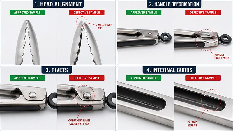 Close-up quality comparison showing aligned and misaligned tong heads, a stable and collapsed handle, correct and over-tightened rivets, and burr-free versus sharp internal channels.