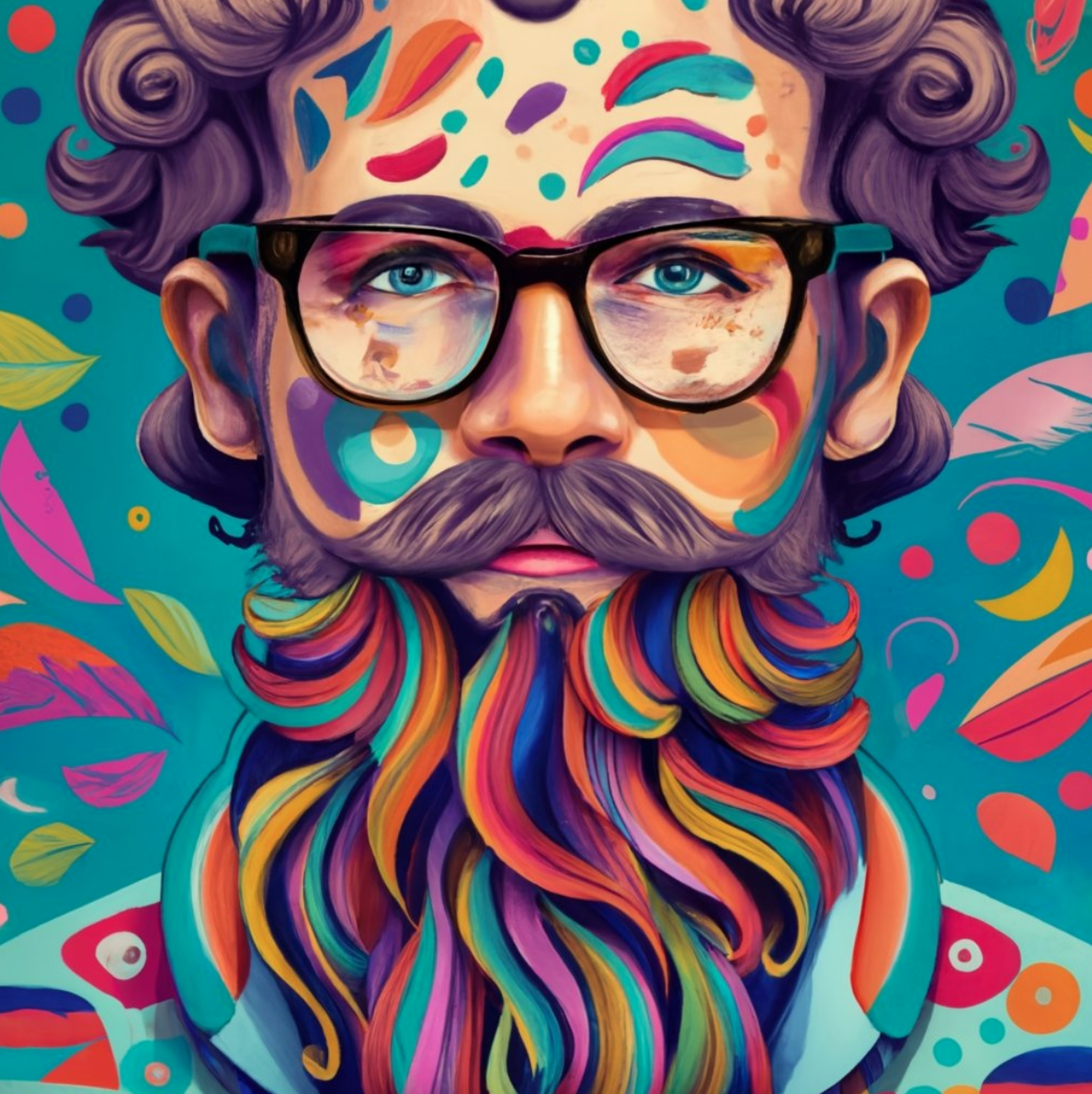 screenshot of cool artwork showing a man covered in paint. He has a hipster beard and glasses