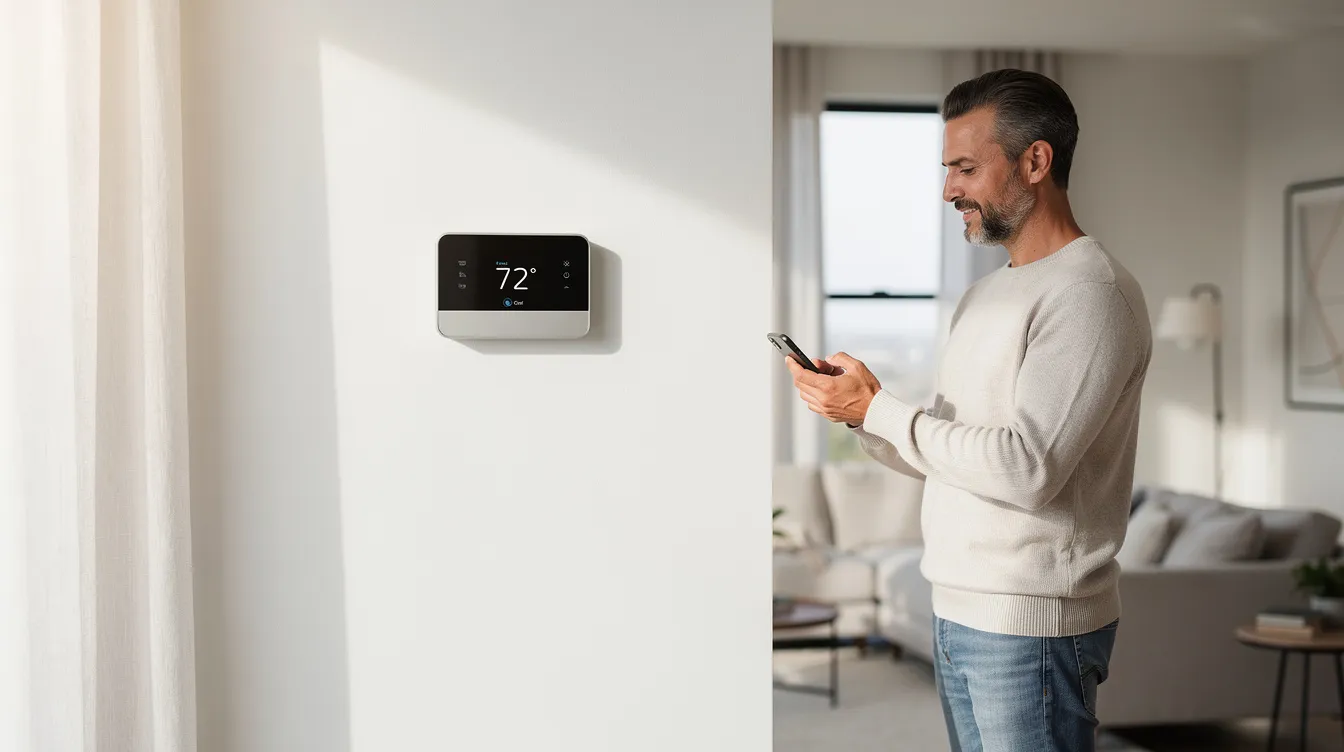 A homeowner is using a smartphone while standing next to a modern wall thermostat, indicating their engagement with the HVAC system for home comfort. The thermostat's sleek design suggests it may be a smart thermostat, allowing for efficient control of the heating and cooling system.