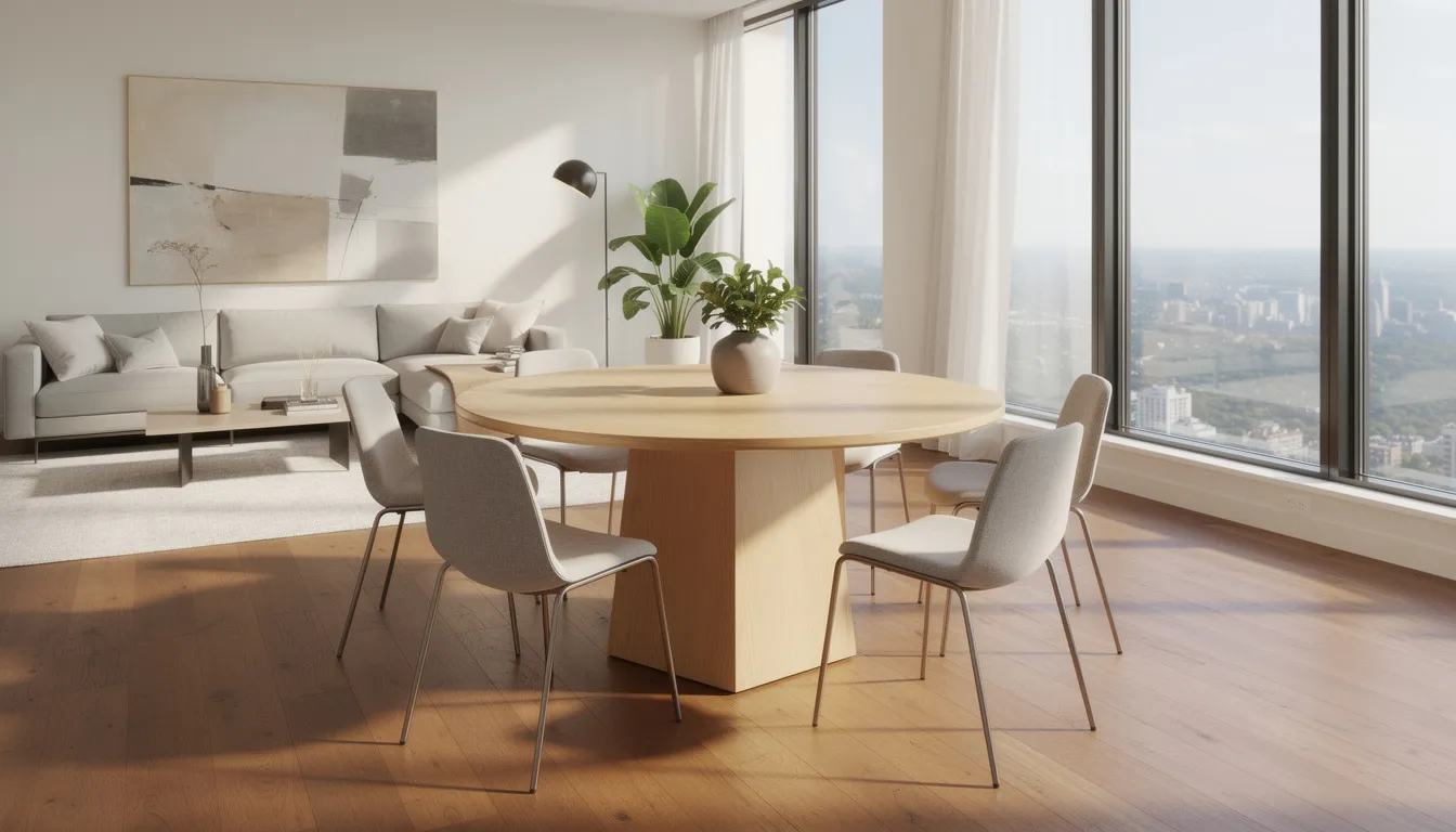 The image features a modern round wooden dining table, elegantly set in a bright and airy condo living space with large windows. This stylish dining area, designed for intimate dinners and family meals, showcases clean lines and rustic charm, creating an inviting atmosphere for entertaining guests.