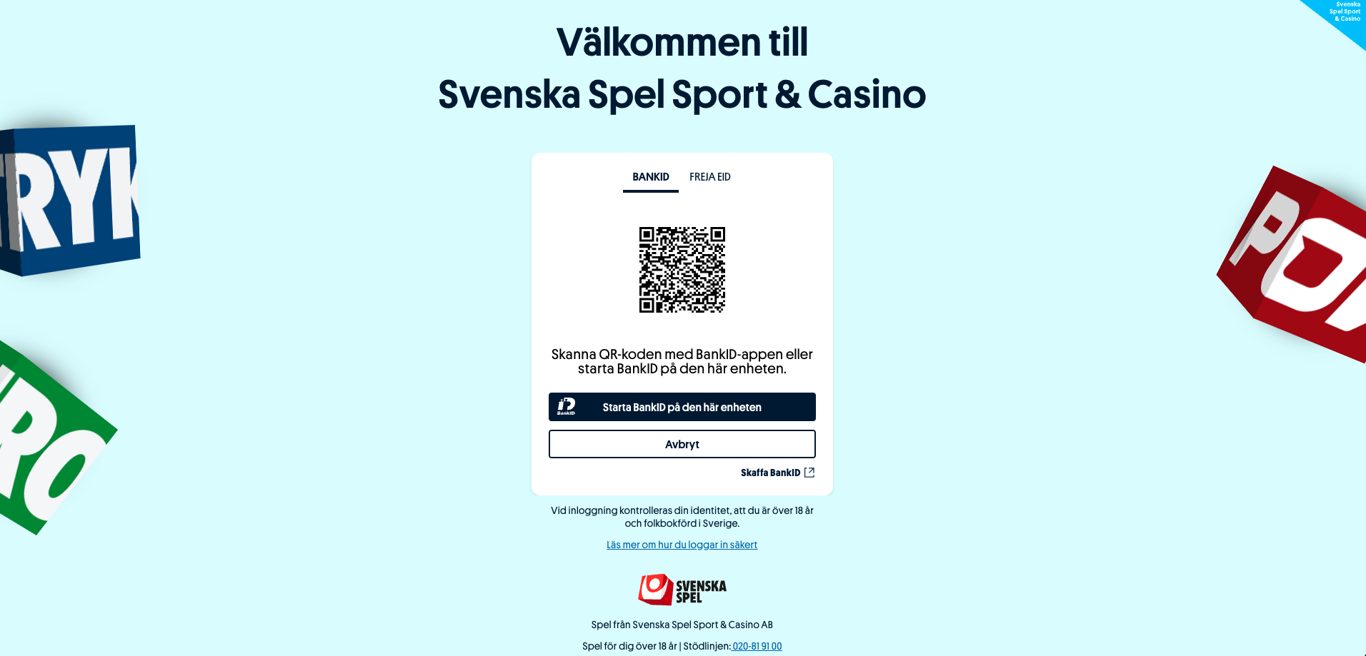 Inloggning till Svenska Spel Sport & Casino via BankID där spelare verifierar sin identitet för att spela på Oddset och andra sportspel. Webbplatsen drivs av Spel Sport & Casino AB, 18 år gäller och stöd finns via Stödlinjen.
