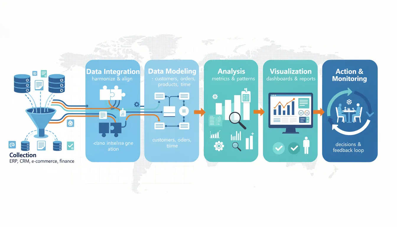 The image illustrates the Business Intelligence (BI) process, showcasing the end-to-end workflow from data collection through to actionable insights. It highlights key steps including data integration, modeling, analysis, and visualization, emphasizing how organizations transform raw data into informed business decisions using various business intelligence tools.