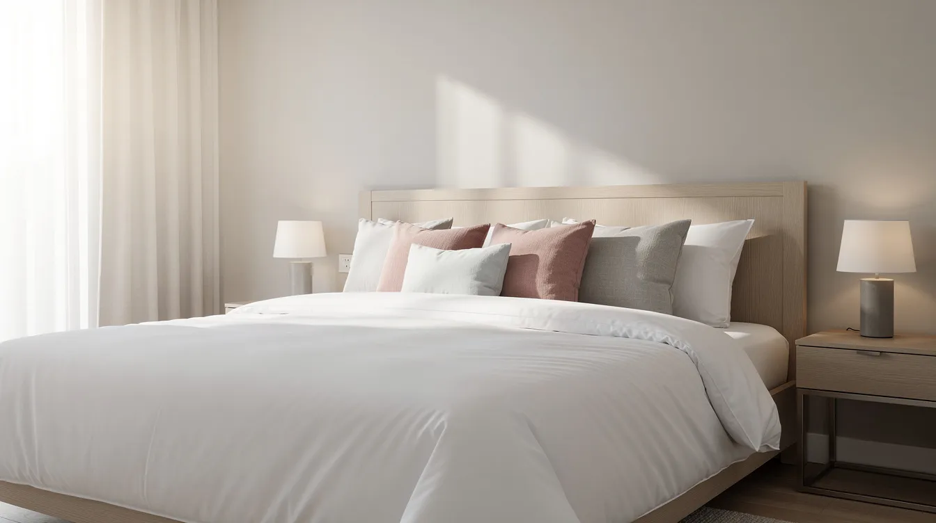 Een netjes opgemaakt bed in een moderne slaapkamer, met een licht houten hoofdbord en een combinatie van witte en gekleurde kussens die zorgen voor een verzorgde uitstraling. De verschillende kussenslopen, waaronder katoen satijn, zijn perfect afgestemd op de standaardmaat van de kussens voor optimaal comfort en een goede nachtrust.