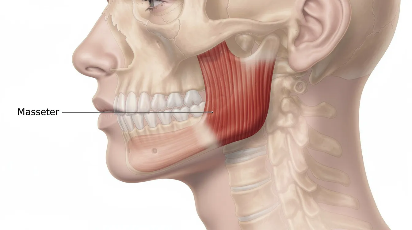 The image shows a side profile of a person's face, highlighting the location of the masseter muscle in the jaw and cheek area. This visual representation illustrates the anatomical structure relevant for procedures like jaw botox, which many patients seek for jawline slimming and relief from symptoms such as jaw pain and tension headaches.