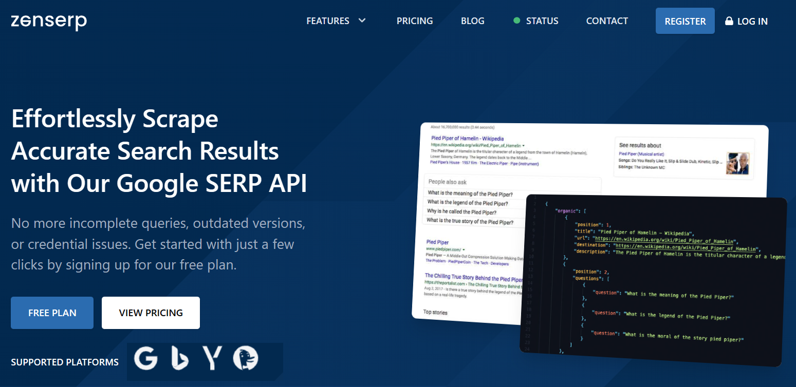 home page of the zenserp google scraping api