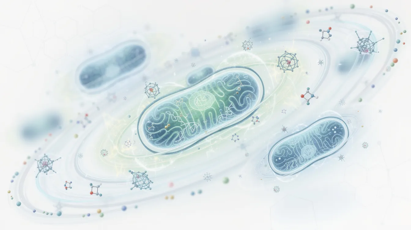 The abstract illustration depicts vibrant blue and green tones representing cellular mitochondria, surrounded by energy particles and molecular structures, symbolizing mitochondrial function and cellular energy. This artwork reflects the complex processes related to metabolic syndrome and the aging process, emphasizing the importance of cellular health in human beings.