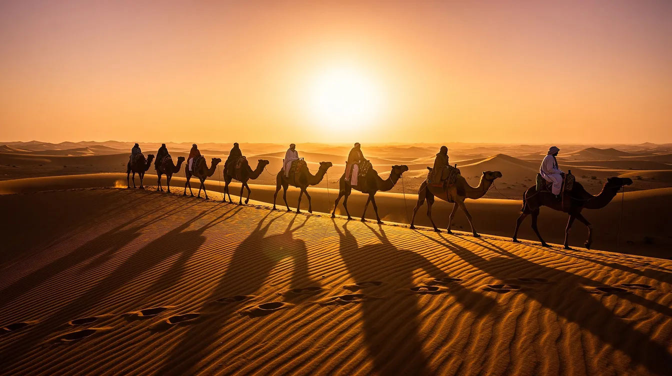 A caravan of camels gracefully crosses golden sand dunes at sunset, casting long shadows across the shimmering landscape of the Sahara Desert. This stunning scene captures the essence of Morocco's diverse landscapes, inviting viewers to explore the beauty of North Africa.