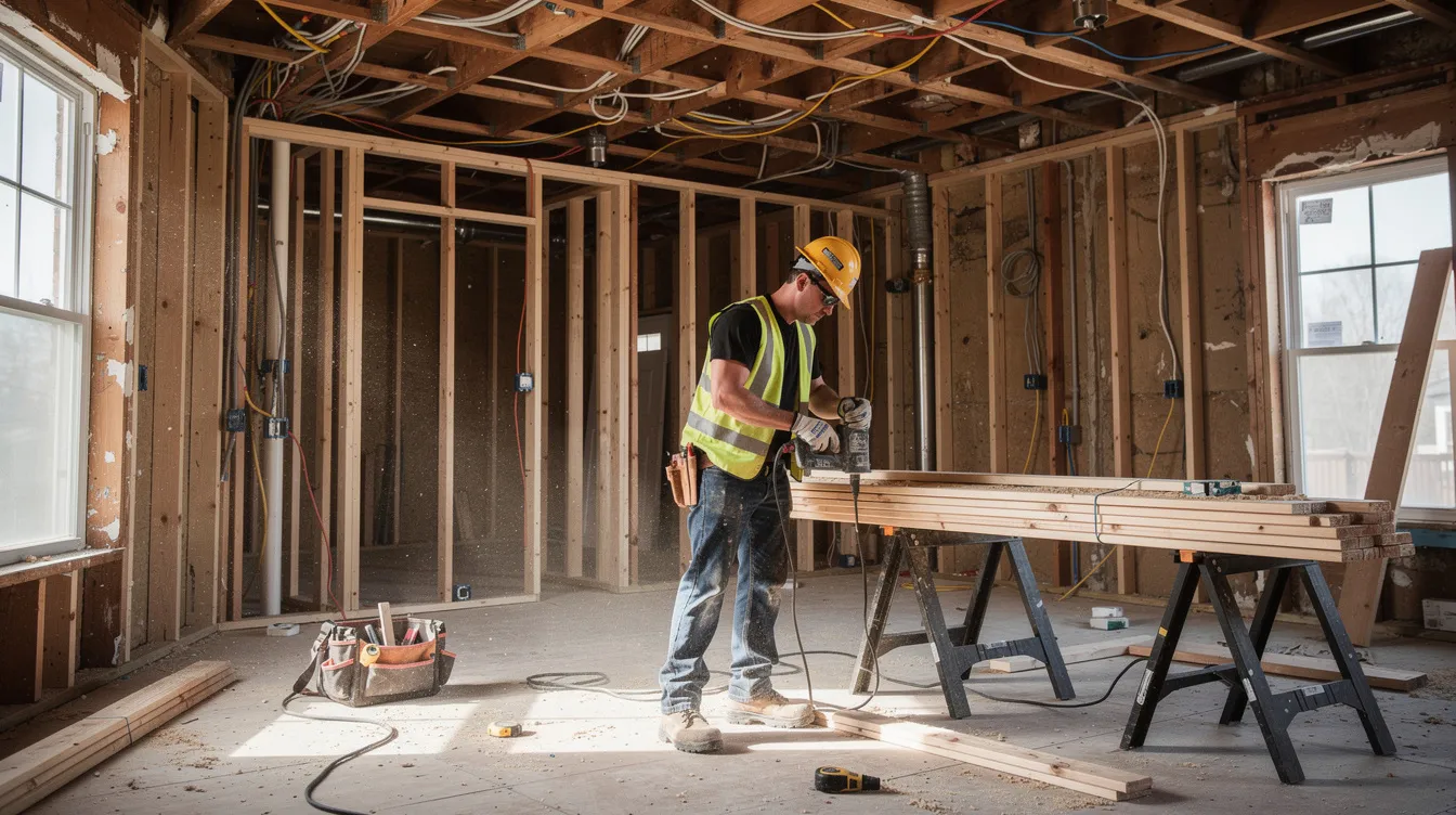 A construction worker is actively renovating the interior of a residential house, showcasing exposed walls and new framing, indicative of a project that could attract real estate investors looking for investment properties. This scene highlights the importance of financing solutions, such as hard money loans, for those involved in the real estate industry.