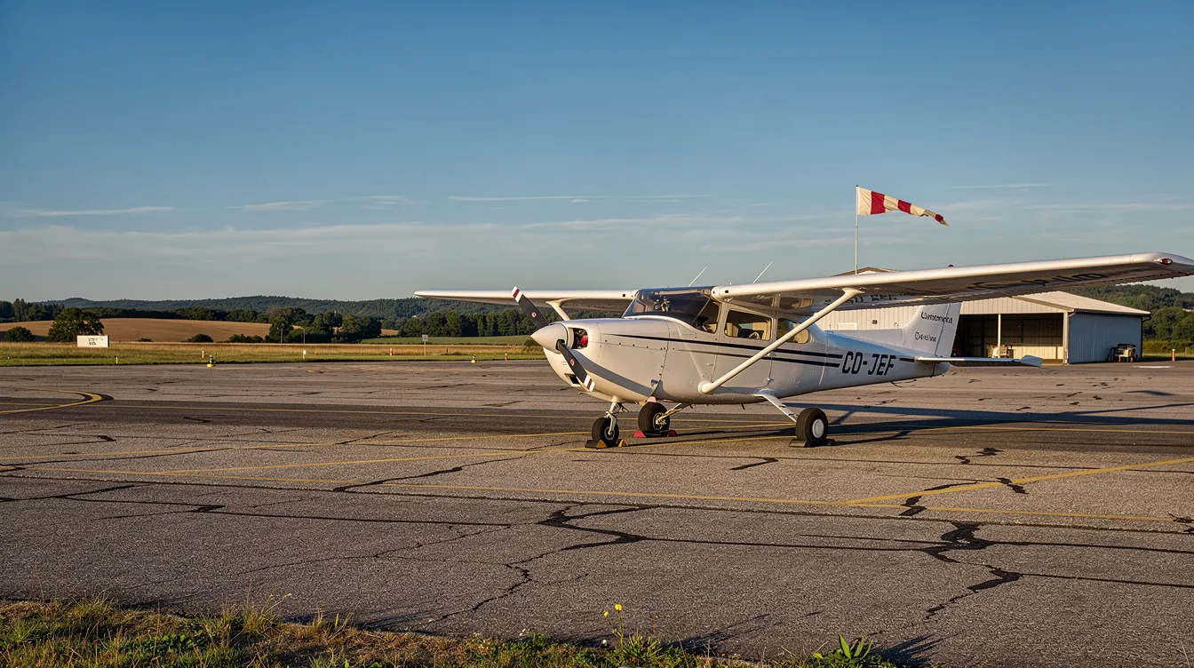 A small Cessna training aircraft is parked on the tarmac of a rural airport under a clear blue sky, representing a common sight for students engaged in flight training as they work towards obtaining their private pilot license. This serene setting highlights the beginning of many aviation journeys for aspiring pilots.