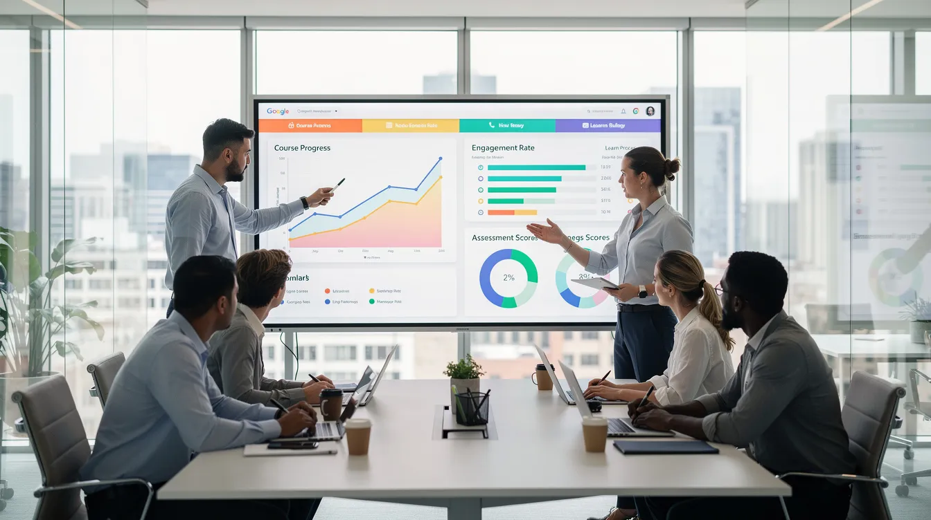 A team of professionals collaborates around a large screen showcasing educational content and analytics dashboards in a modern office, emphasizing the importance of effective customer education programs for enhancing customer satisfaction and retention. This environment fosters teamwork aimed at improving customer engagement and driving business growth through robust learning management systems.