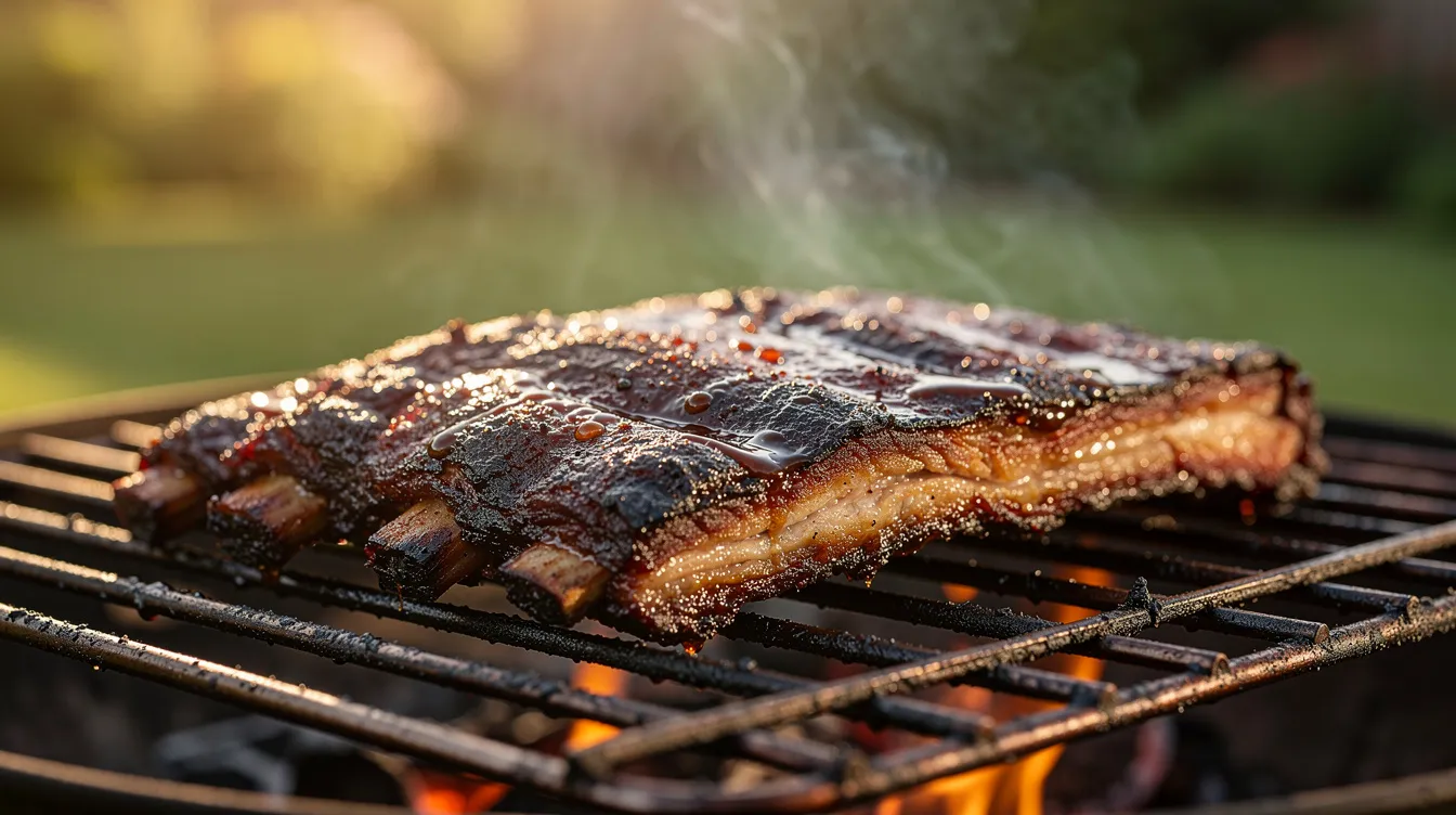 The image shows smoked ribs with a dark bark resting on a grill grate outdoors, highlighting the rich, smoky flavor that comes from using a portable pellet grill. The vibrant colors and texture of the meat suggest a perfect barbecue experience, ideal for outdoor cooking adventures.