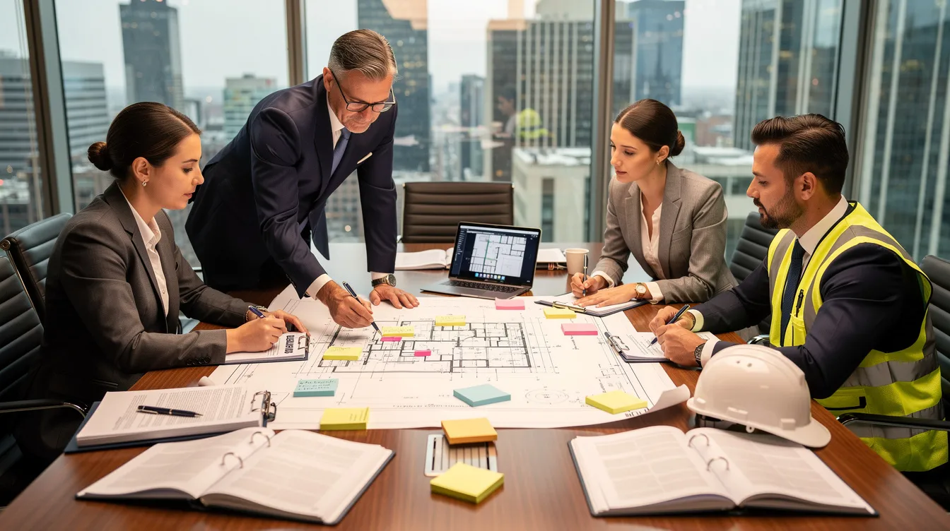 A group of legal professionals is gathered around a conference table, intently reviewing construction blueprints and various documents related to construction contracts and disputes. This scene highlights the importance of construction arbitration and dispute resolution in the construction industry.