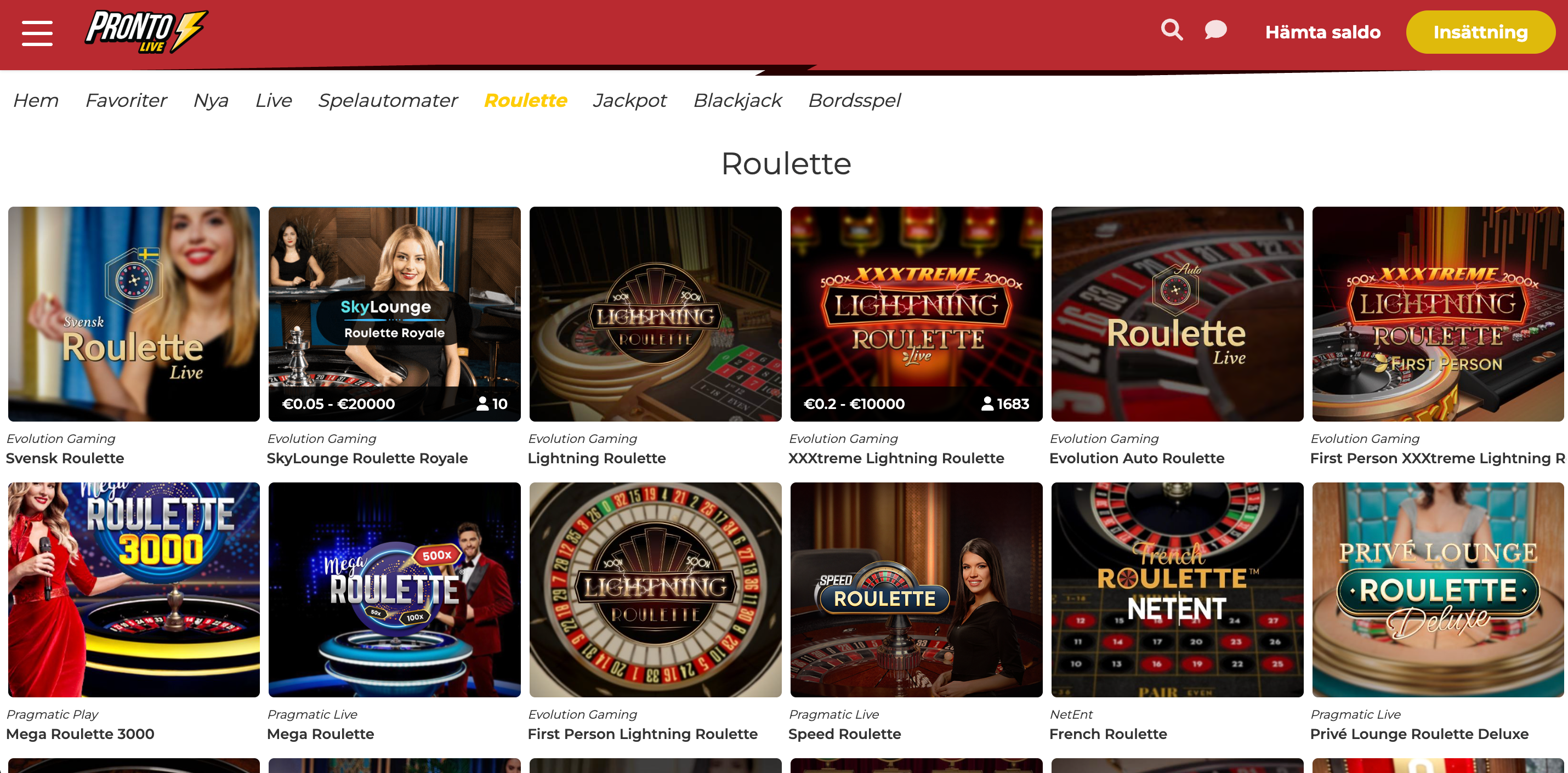 Pronto Live Casino roulette