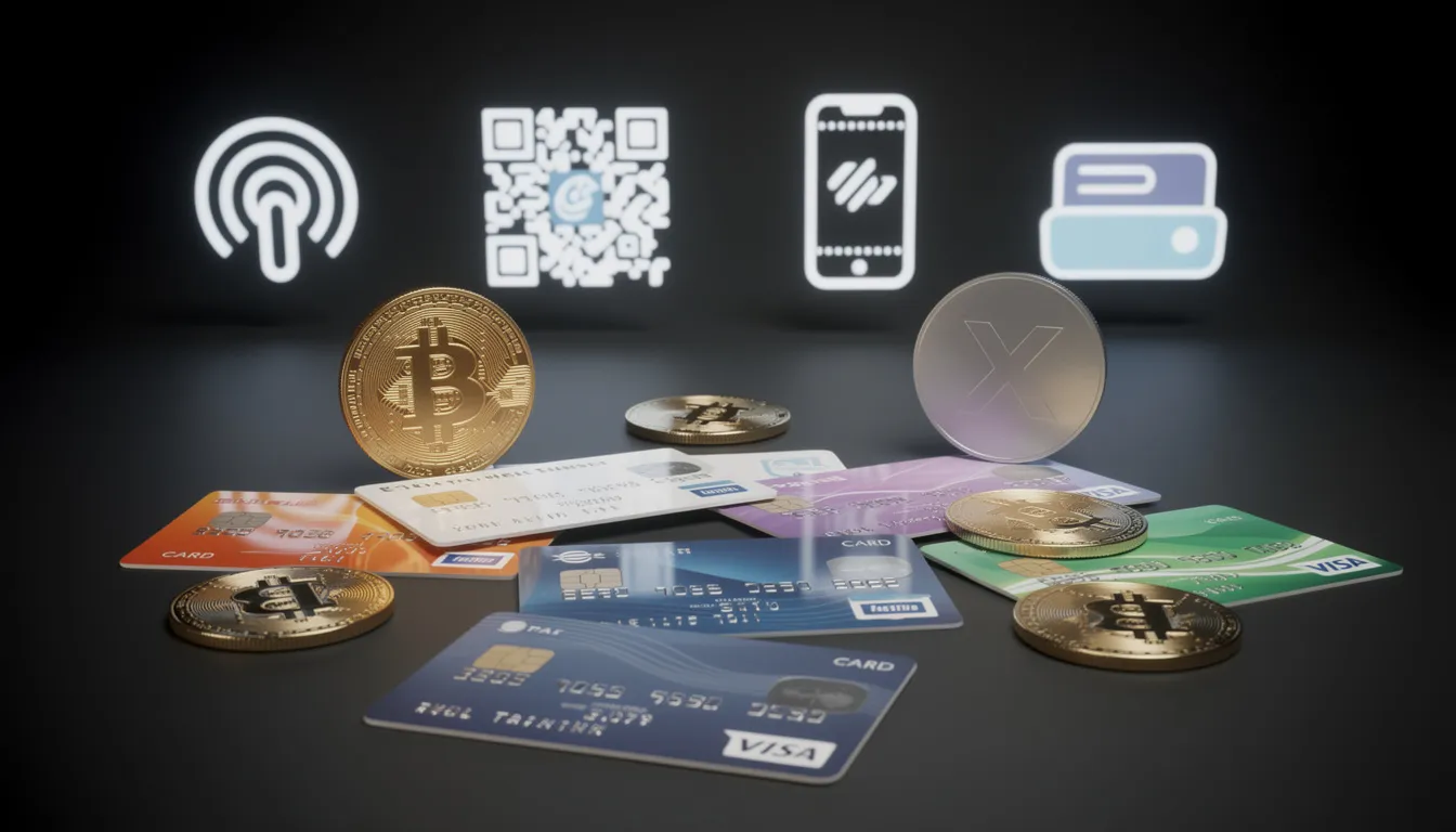 Afbeelding van verschillende creditcards, cryptovaluta munten en symbolen voor digitale betalingen, die een moderne benadering van gokken illustreren. Deze elementen zijn essentieel voor het gebruik van betrouwbare betaalmethoden in online casino's, waaronder casino's zonder cruks.