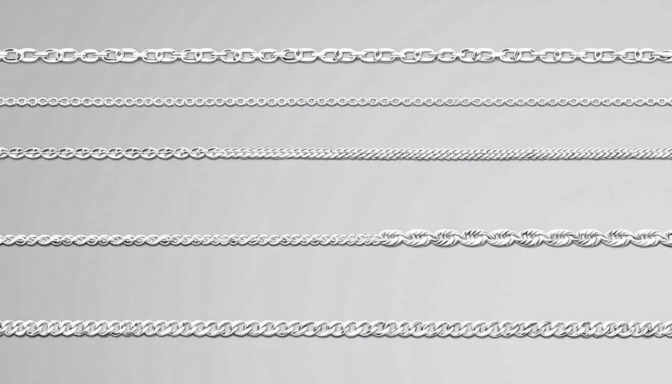 An elegant display showcases a beautiful collection of various sterling silver bracelets, featuring Singapore, rope, curb, and figaro chain patterns, perfect for enhancing any outfit. These classic designs are ideal gifts for women looking to add a touch of sophistication to their wrist.