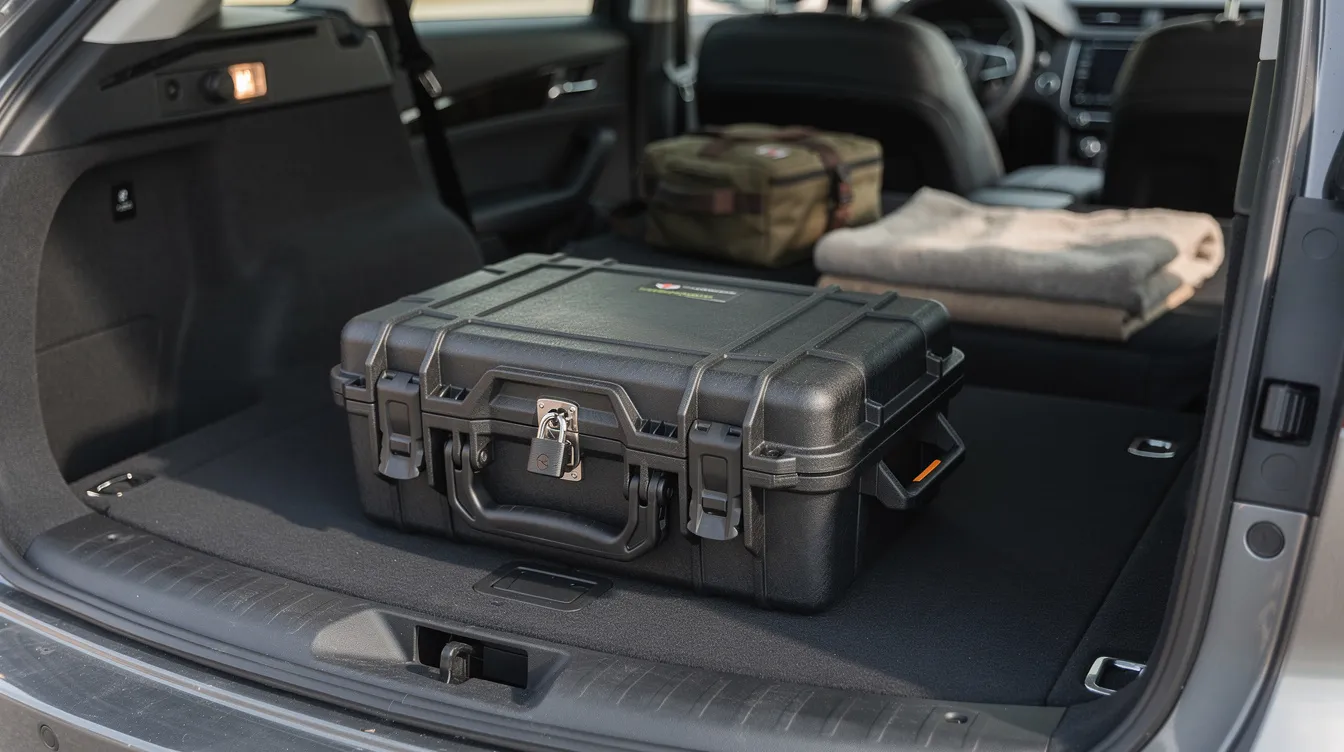 A locked hard-shell firearms case is positioned in the trunk of a vehicle, emphasizing the importance of security and legal compliance regarding gun laws in Puerto Rico. The case is designed to protect firearms and ammunition, ensuring they are safely stored while traveling.