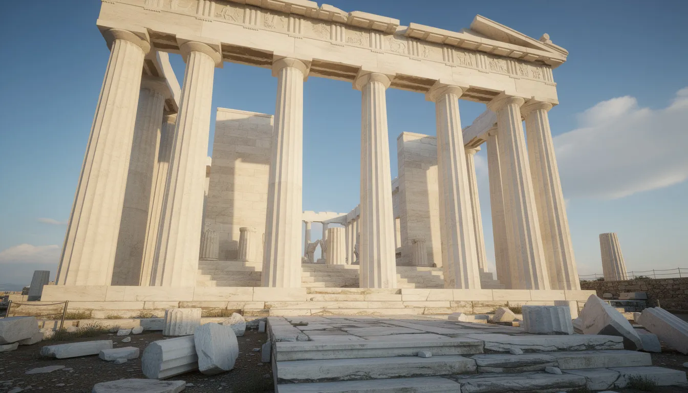 Na obrazie widoczny jest starożytny grecki świątynia z wysokimi marmurowymi kolumnami, które sięgają w niebo, na tle błękitnego nieba. Takie budowle były miejscem kultu dla bogów greckich, a ich atrybuty, jak trójząb Posejdona czy berło Zeusa, symbolizowały potęgę i władzę w mitologii starożytnej Grecji.