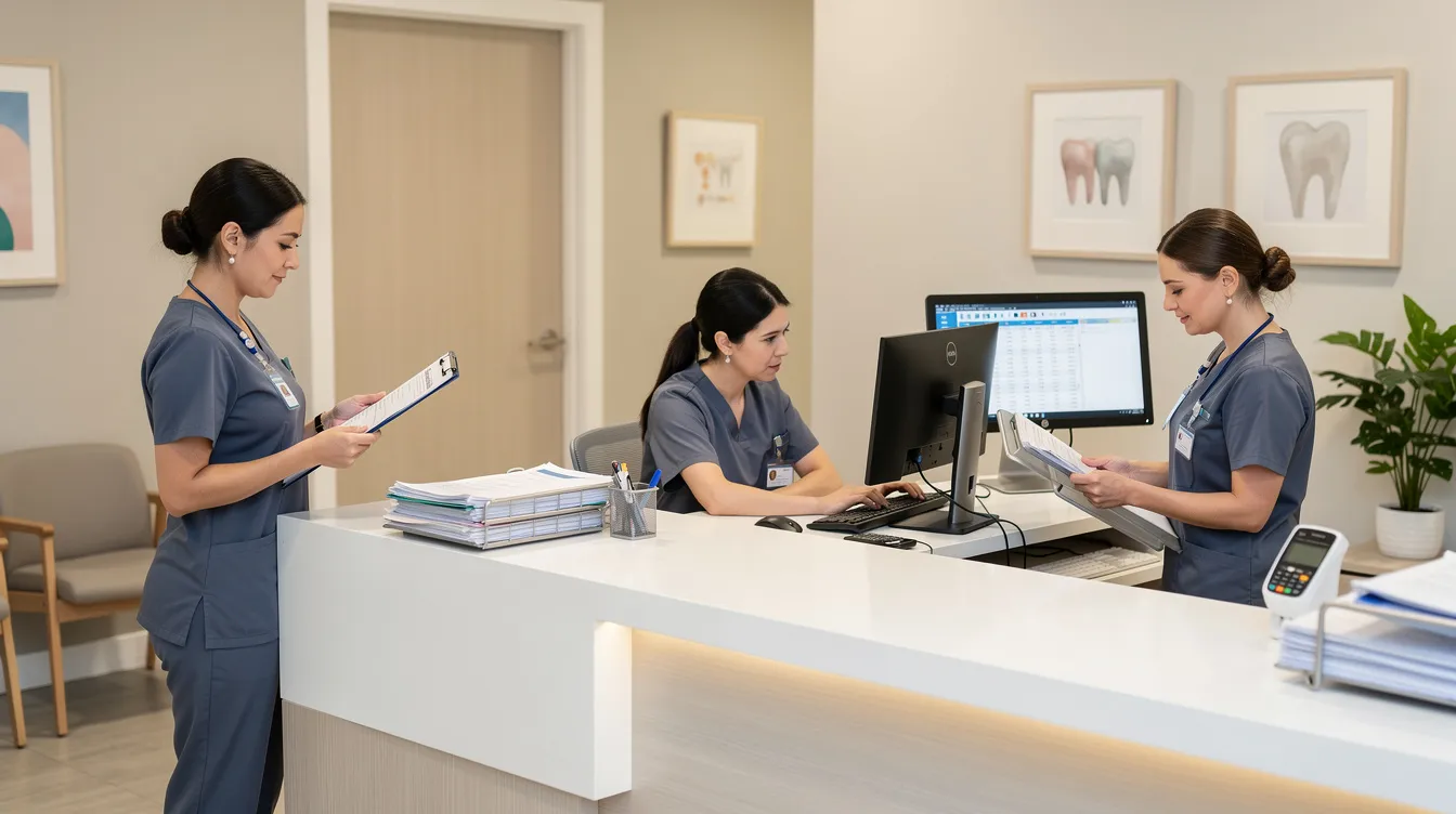 The image depicts a dental office front desk area where staff members are actively reviewing paperwork and monitoring computer screens, likely discussing patient information and managing the orthodontic billing process. This scene reflects the organized environment essential for handling comprehensive orthodontic treatment plans and verifying insurance coverage for patients.
