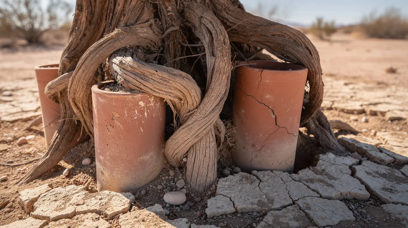 The image shows mature tree roots intricately wrapping around exposed clay pipe segments in dry desert soil, highlighting potential plumbing issues such as tree root intrusion that can lead to sewer line problems. This scene emphasizes the importance of regular maintenance and emergency plumbing services to prevent further damage to plumbing systems in homes, especially in areas like Phoenix, AZ.