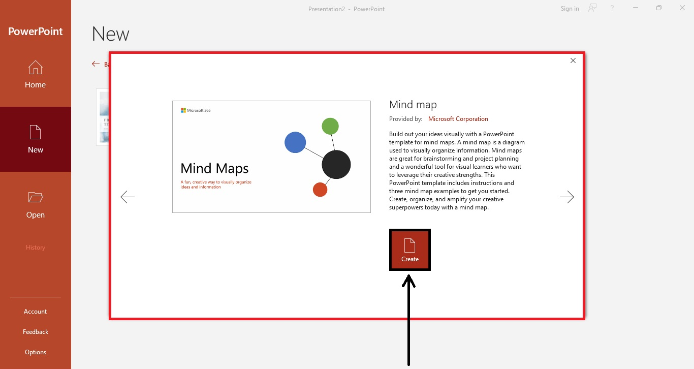 A dialog box for the Mind Map template appears, Select "create."