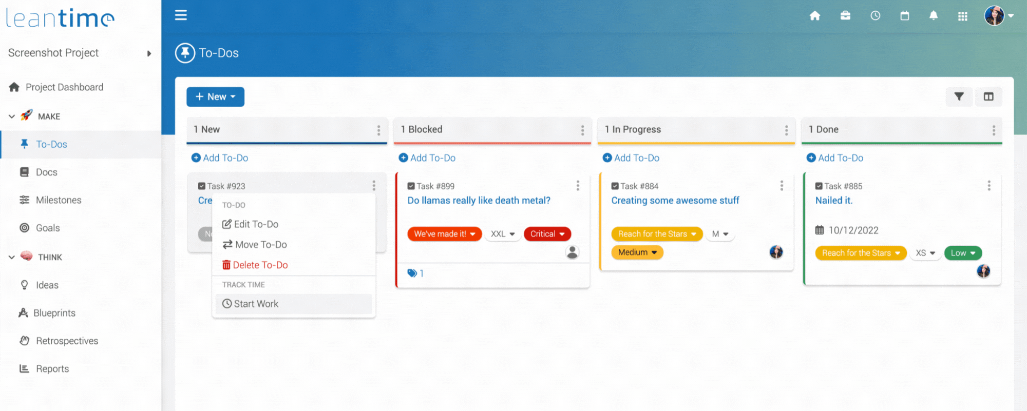 Leantime; time blocking and time tracking options